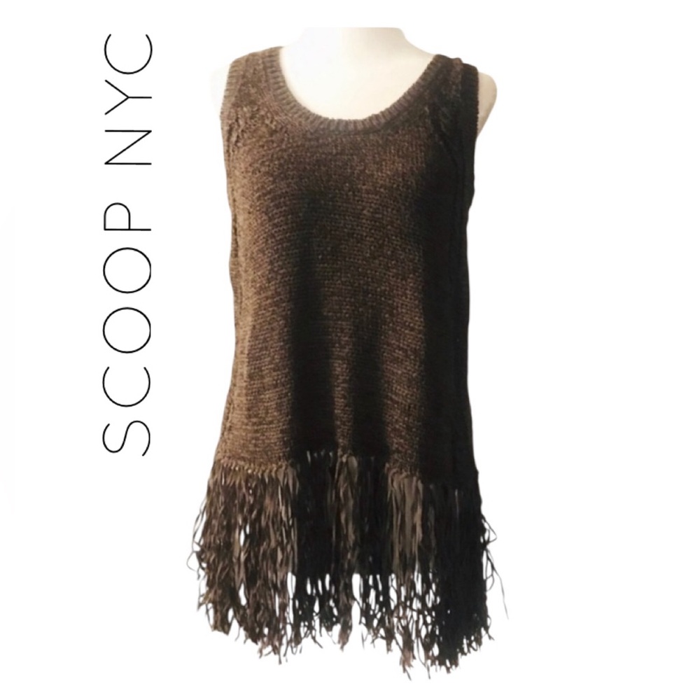 Scoop NYC Brown Knit Sleeveless Sweater Top with Fringe - Size Small